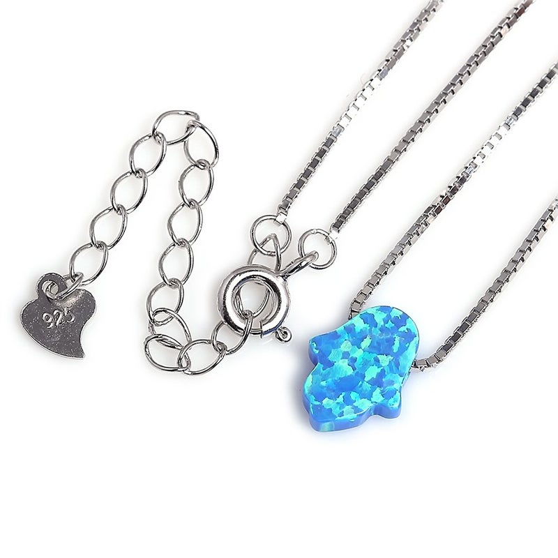 Kaletine Hamsa Hand of Fatima Necklace Sterling Silver Blue Synthetic Opal Pendant 11x13mm Box Chain 16"+2" Ext. - Image 4